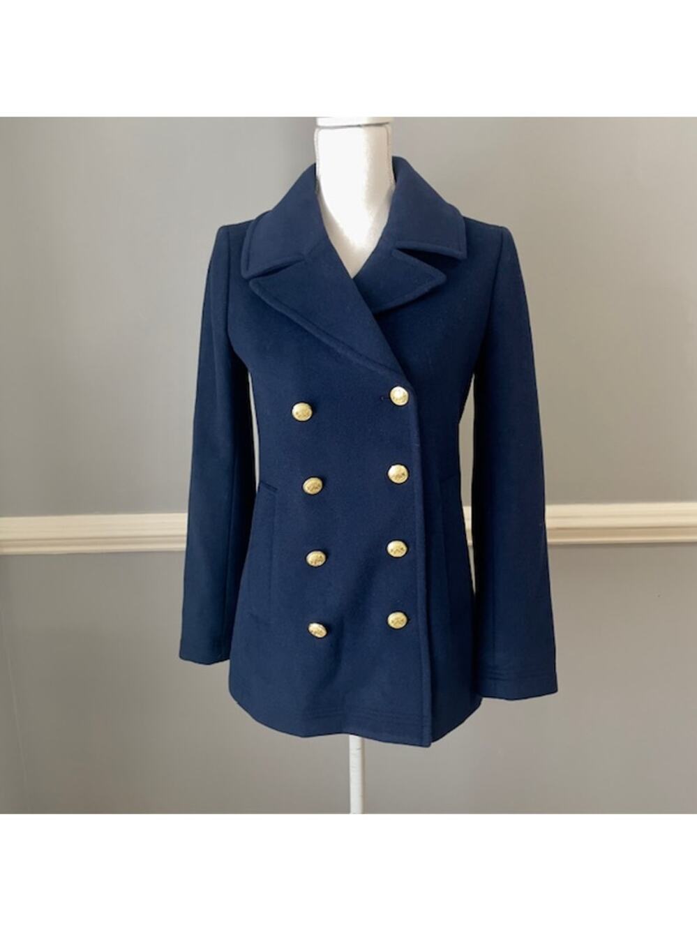 J.Crew Navy Wool Blend Double Breasted Military Style Coat Size 2 Peacoat